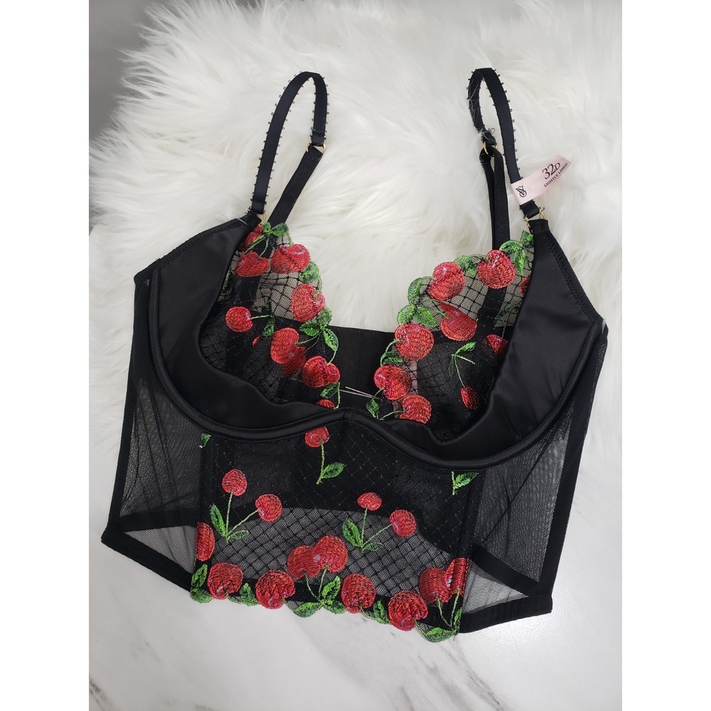 Victorias Secret Very Sexyβ Cherry Bra Longline Corset Sheer Black Lace Size 32D